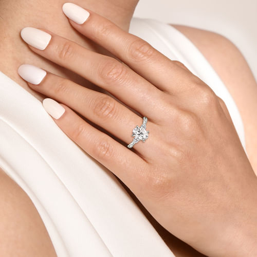 14K White Gold Oval Three Stone Lotus Diamond Engagement Ring