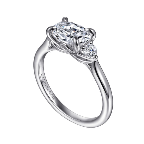 14K White Gold Oval Three Stone Lotus Diamond Engagement Ring