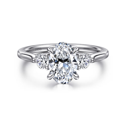 14K White Gold Oval Three Stone Lotus Diamond Engagement Ring