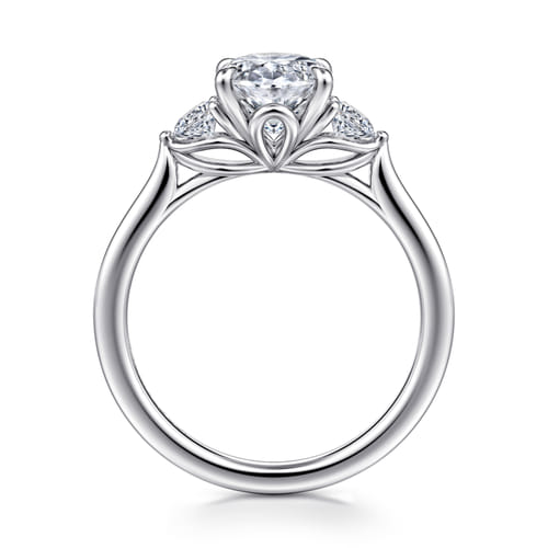 14K White Gold Oval Three Stone Lotus Diamond Engagement Ring