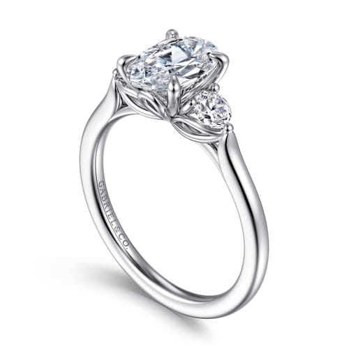 14K White Gold Oval Three Stone Lotus Diamond Engagement Ring
