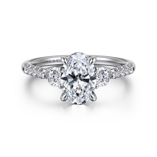 14K White Gold Oval Three Stone Lotus Diamond Engagement Ring