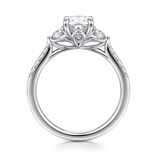 14K White Gold Oval Three Stone Lotus Diamond Engagement Ring