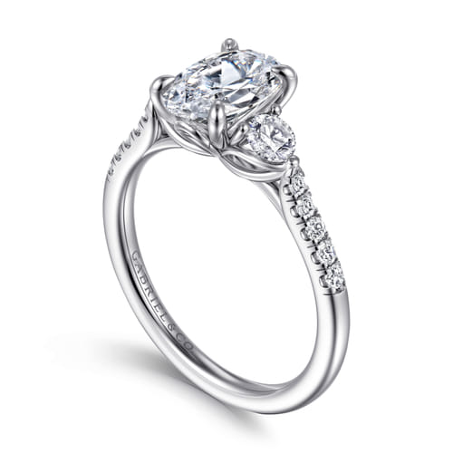 14K White Gold Oval Three Stone Lotus Diamond Engagement Ring