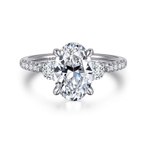 14K White Gold Oval Three Stone Lotus Diamond Engagement Ring