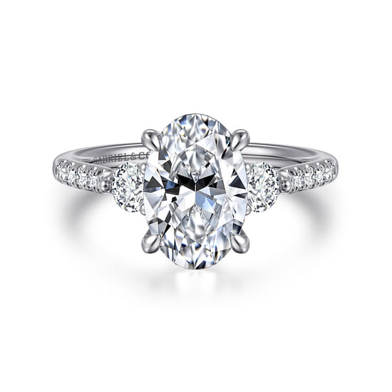 Gabriel - 14K White Gold Oval Three Stone Lotus Diamond Engagement Ring