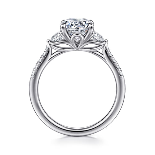 14K White Gold Oval Three Stone Lotus Diamond Engagement Ring