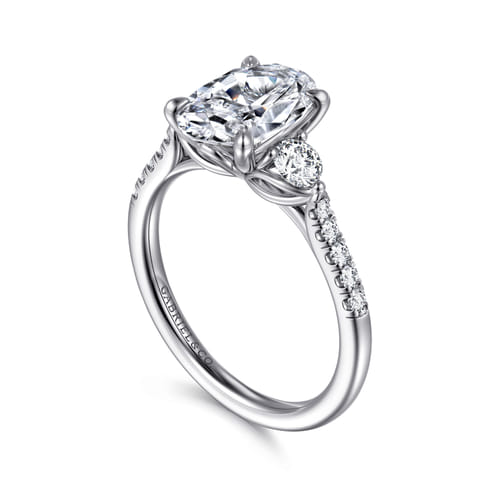 14K White Gold Oval Three Stone Lotus Diamond Engagement Ring