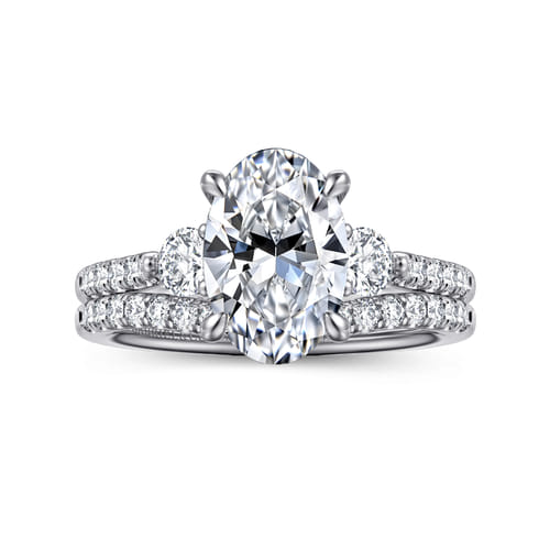 14K White Gold Oval Three Stone Lotus Diamond Engagement Ring