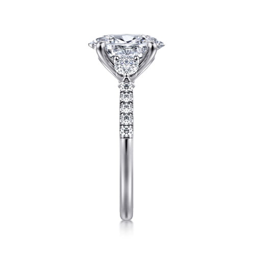14K White Gold Oval Three Stone Lotus Diamond Engagement Ring