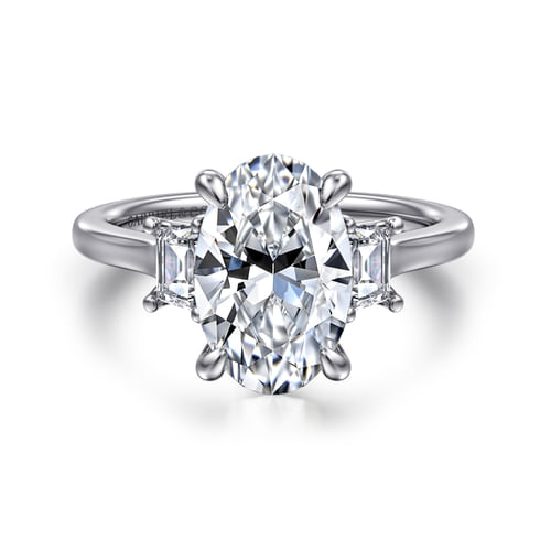 14K White Gold Oval Three Stone Lotus Diamond Engagement Ring