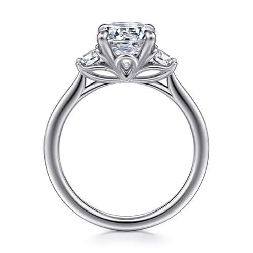14K White Gold Oval Three Stone Lotus Diamond Engagement Ring