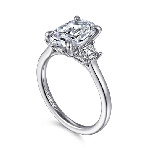 14K White Gold Oval Three Stone Lotus Diamond Engagement Ring