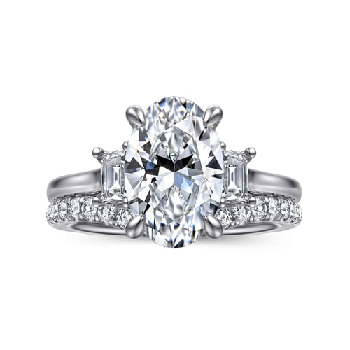 14K White Gold Oval Three Stone Lotus Diamond Engagement Ring