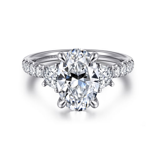 14K White Gold Oval Three Stone Lotus Diamond Engagement Ring