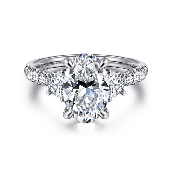 Gabriel - 14K White Gold Oval Three Stone Lotus Diamond Engagement Ring