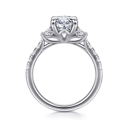 14K White Gold Oval Three Stone Lotus Diamond Engagement Ring