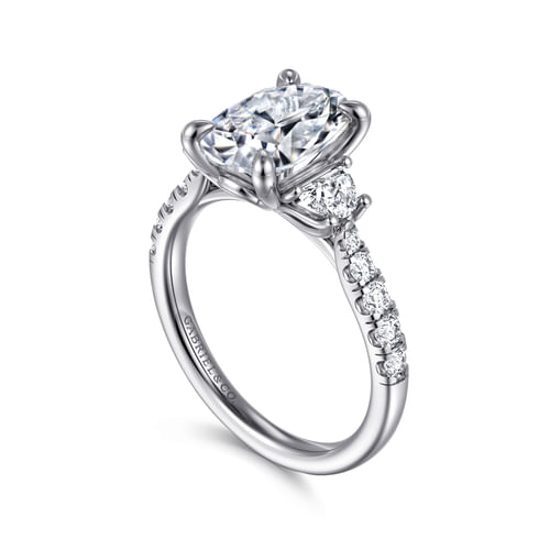 14K White Gold Oval Three Stone Lotus Diamond Engagement Ring