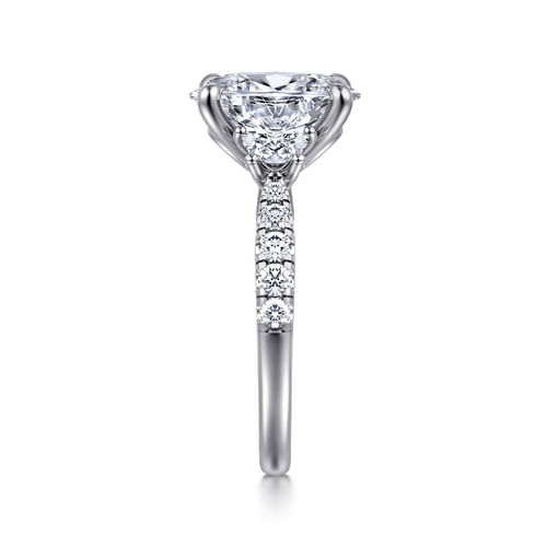 14K White Gold Oval Three Stone Lotus Diamond Engagement Ring