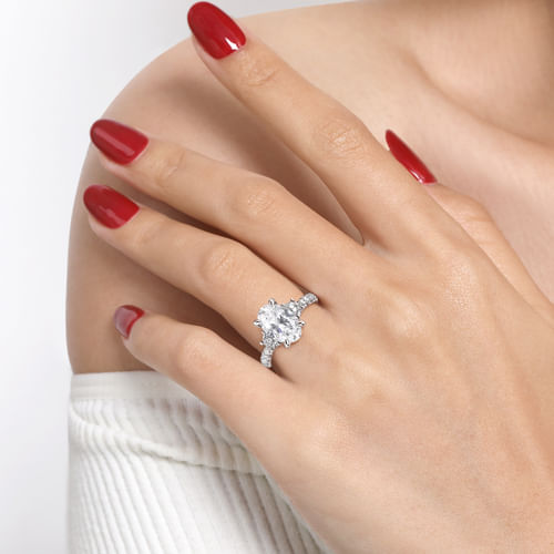 14K White Gold Oval Three Stone Lotus Diamond Engagement Ring