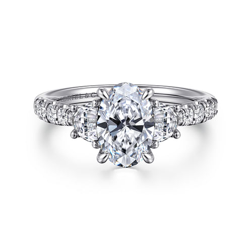 14K White Gold Oval Three Stone Lotus Diamond Engagement Ring