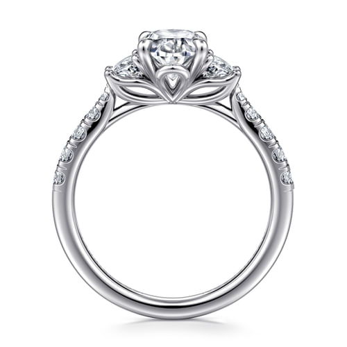 14K White Gold Oval Three Stone Lotus Diamond Engagement Ring