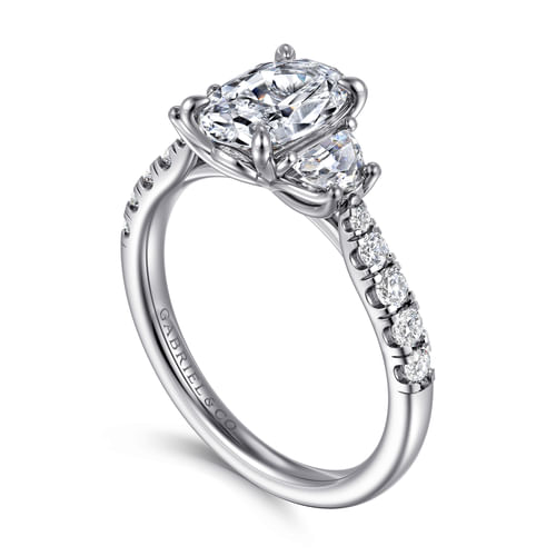 14K White Gold Oval Three Stone Lotus Diamond Engagement Ring