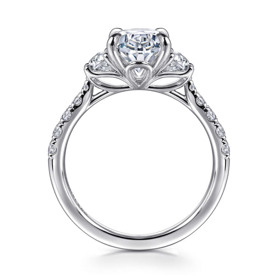 14K White Gold Oval Three Stone Lotus Diamond Engagement Ring angle 2