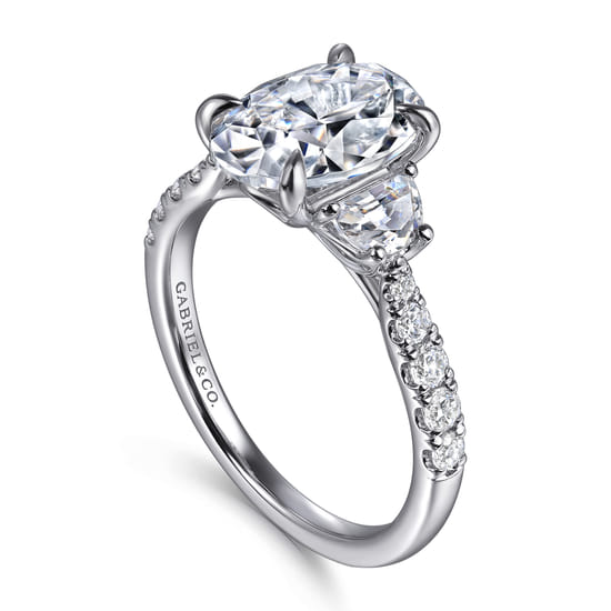 14K White Gold Oval Three Stone Lotus Diamond Engagement Ring angle 3