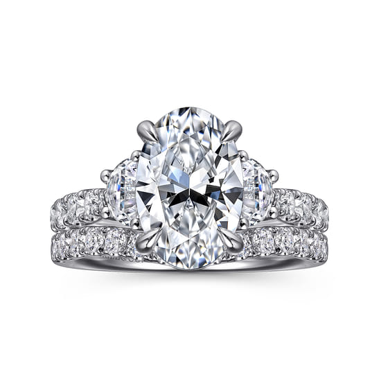 14K White Gold Oval Three Stone Lotus Diamond Engagement Ring angle 4