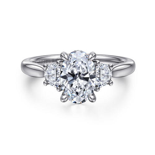 14K White Gold Oval Three Stone Lotus Diamond Engagement Ring
