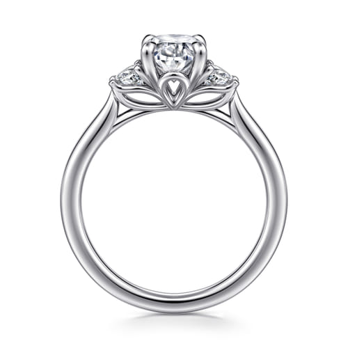 14K White Gold Oval Three Stone Lotus Diamond Engagement Ring