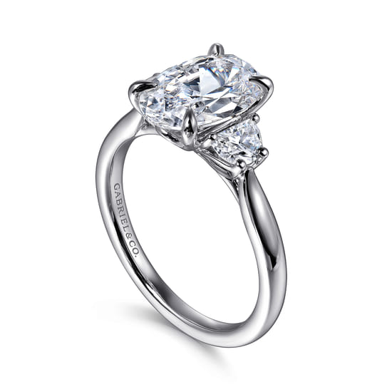14K White Gold Oval Three Stone Lotus Diamond Engagement Ring angle 3