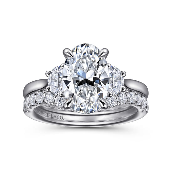 14K White Gold Oval Three Stone Lotus Diamond Engagement Ring angle 4