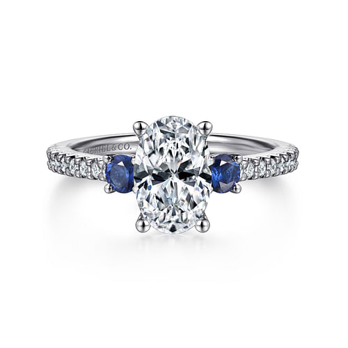 14K White Gold Oval Three Stone Sapphire and Diamond Engagement Ring