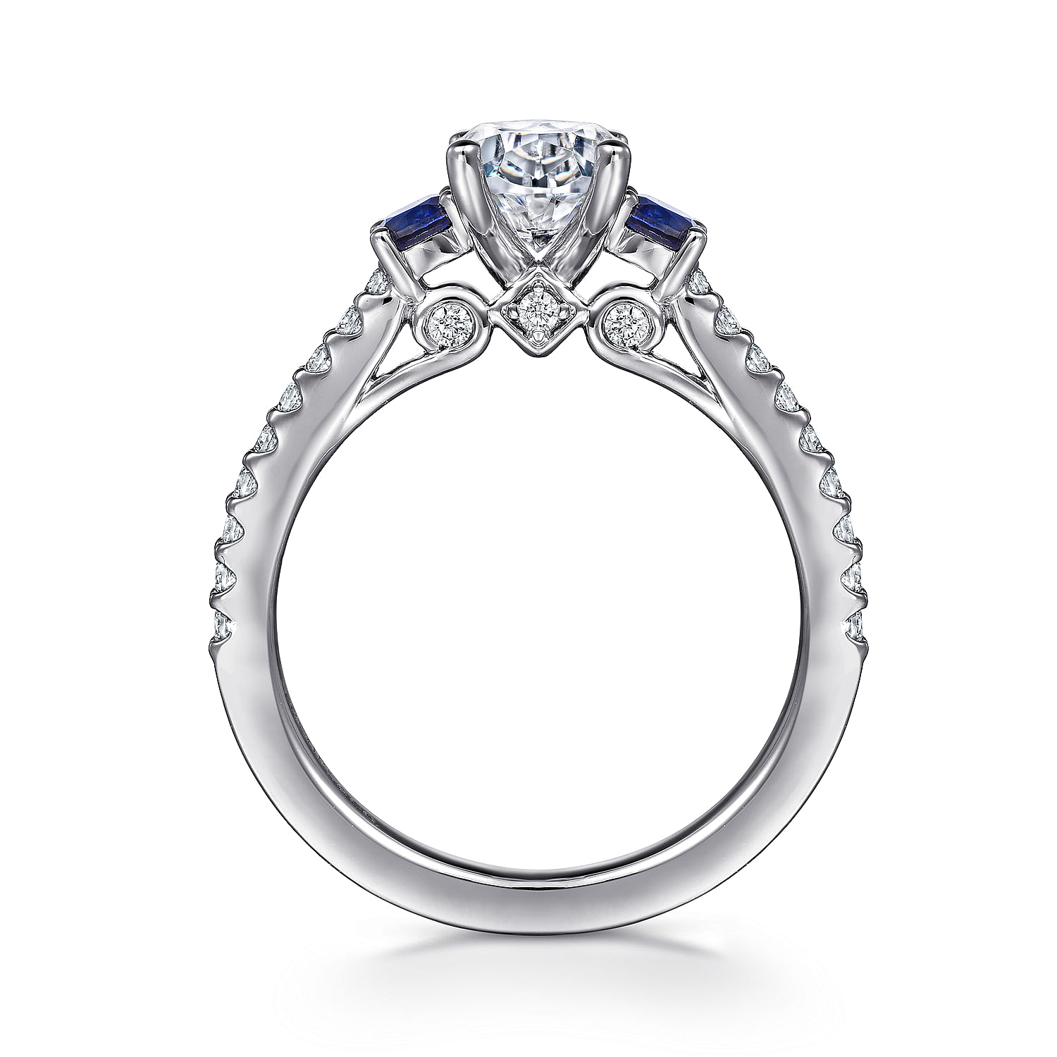 14K White Gold Oval Three Stone Sapphire and Diamond Engagement Ring