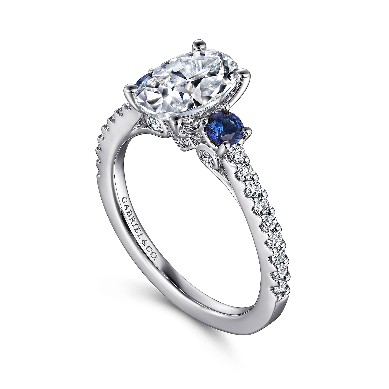 14K White Gold Oval Three Stone Sapphire and Diamond Engagement Ring