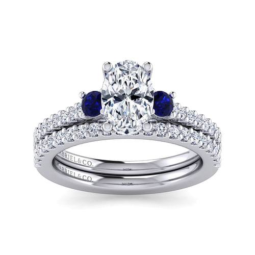 14K White Gold Oval Three Stone Sapphire and Diamond Engagement Ring