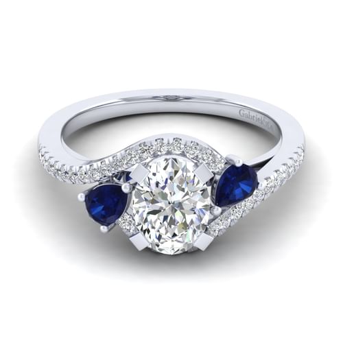 14K White Gold Oval Three Stone Sapphire and Diamond Engagement Ring