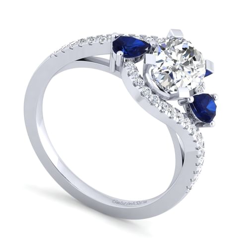14K White Gold Oval Three Stone Sapphire and Diamond Engagement Ring