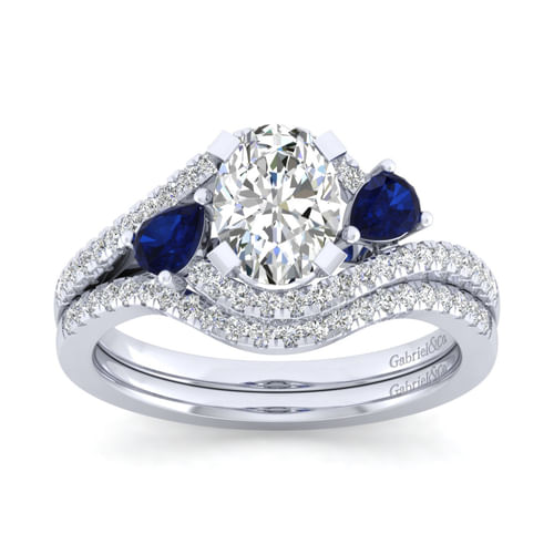 14K White Gold Oval Three Stone Sapphire and Diamond Engagement Ring