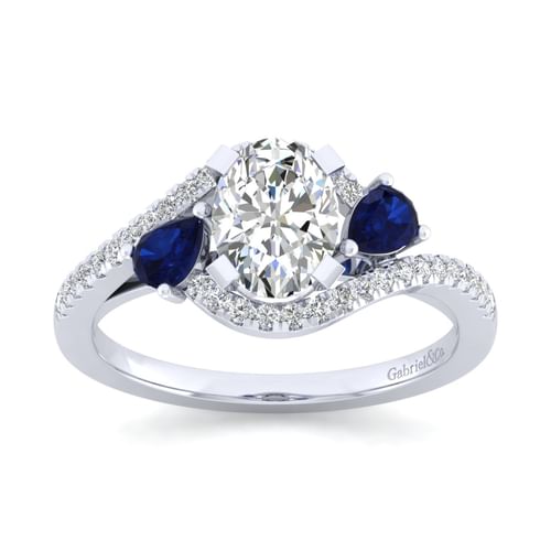 14K White Gold Oval Three Stone Sapphire and Diamond Engagement Ring