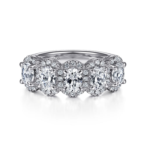 14K White Gold Oval and Round Diamond Halo Station Anniversary Band