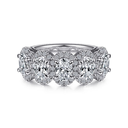 14K White Gold Oval and Round Diamond Halo Station Anniversary Band