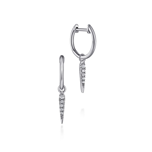 14K White Gold Pavé 10mm Diamond Spike Huggie Drop Earrings