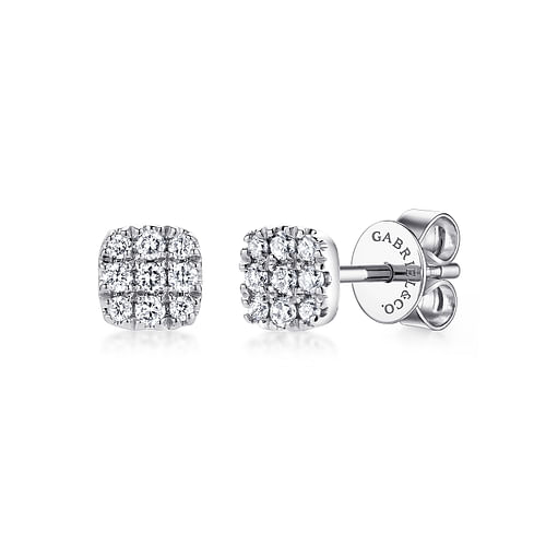 14K White Gold Pavé Diamond Cushion Cut Stud Earrings