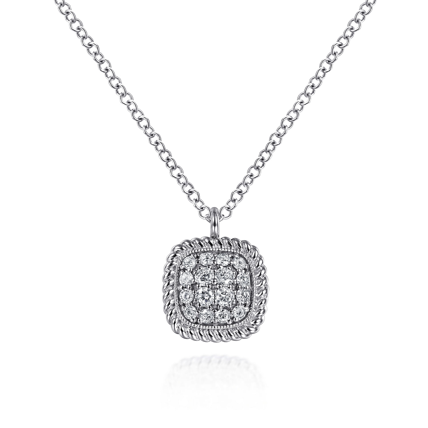 Gabriel - 14K White Gold Pavé Diamond Cushion Shape Pendant Necklace