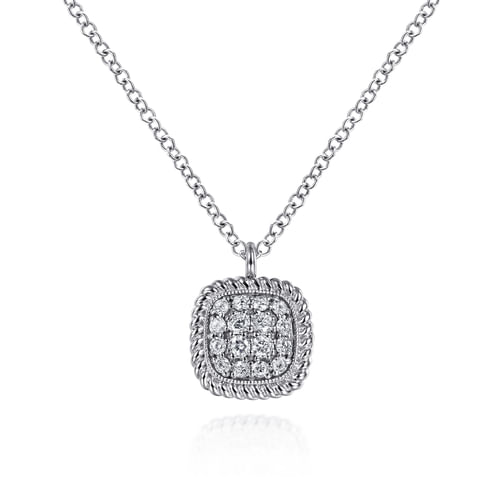 14K White Gold Pavé Diamond Cushion Shape Pendant Necklace