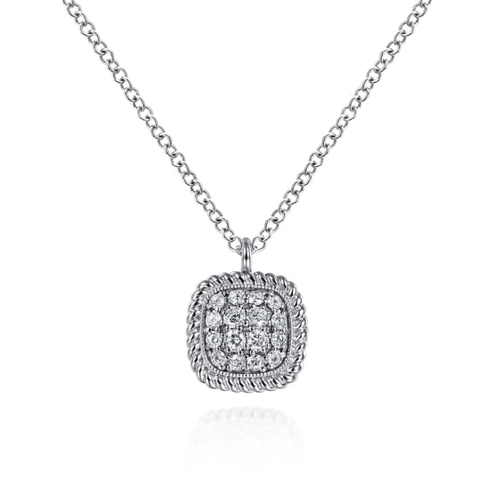 Gabriel - 14K White Gold Pavé Diamond Cushion Shape Pendant Necklace