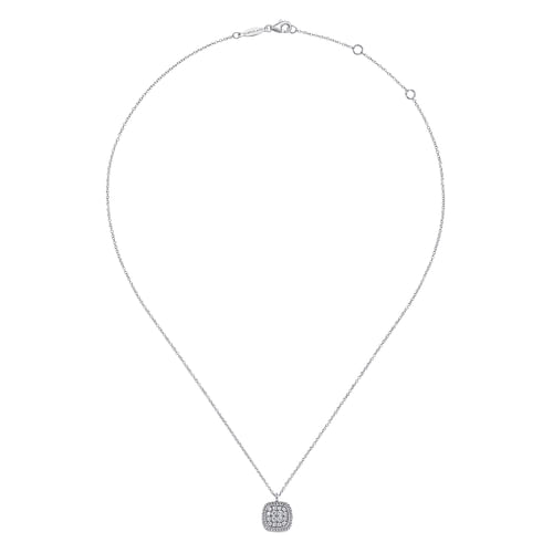 14K White Gold Pavé Diamond Cushion Shape Pendant Necklace